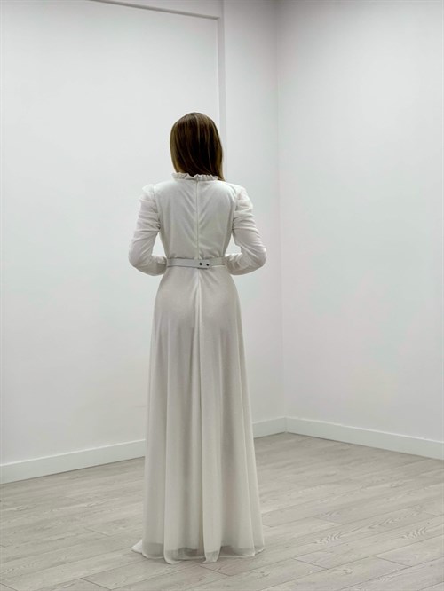 Simli Tül Kumaş Büzgü Detaylı Abiye Elbise - BEYAZ