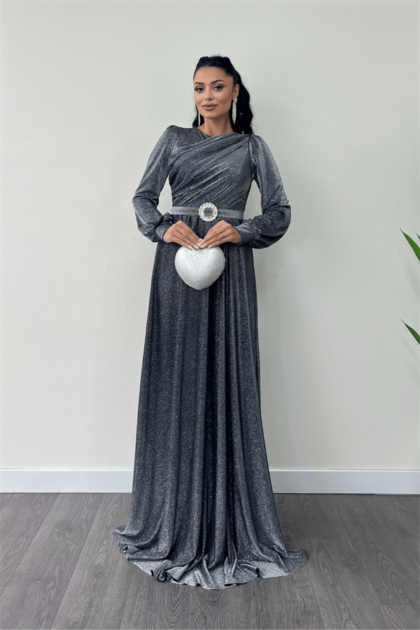 Simli Tül Kumaş Büzgü Detaylı Abiye Elbise - GÜMÜŞ