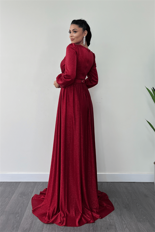 Simli Tül Kumaş Büzgü Detaylı Abiye Elbise - KIRMIZI