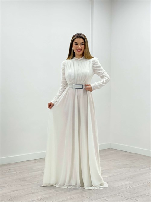 Simli Tül Kumaş Büzgü Detaylı Abiye Elbise - BEYAZ