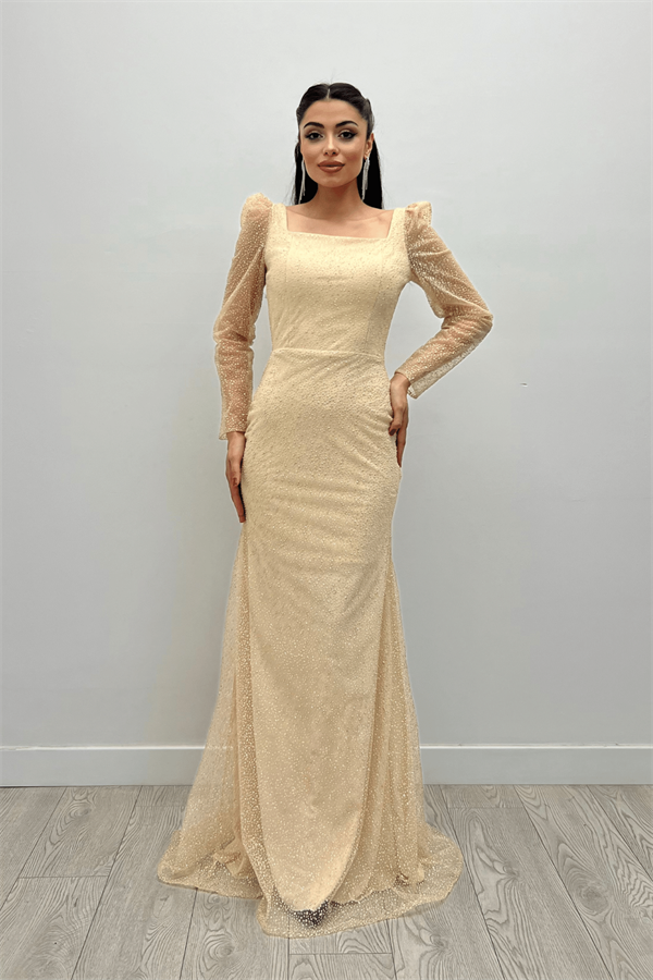 Simli Tül Kumaş Kare Yaka Balık Elbise - BEJ