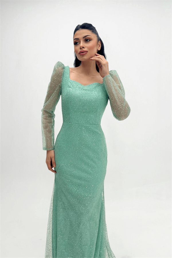 Simli Tül Kumaş Kare Yaka Balık Elbise - MİNT YEŞİLİ