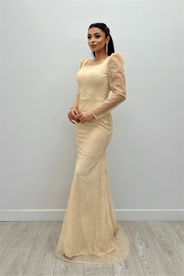 Simli Tül Kumaş Kare Yaka Balık Elbise - BEJ