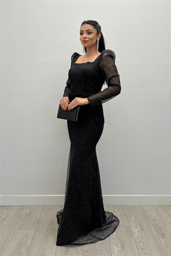 Simli Tül Kumaş Kare Yaka Balık Elbise - SİYAH