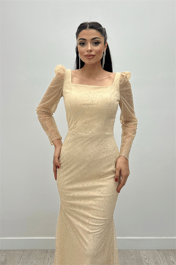 Simli Tül Kumaş Kare Yaka Balık Elbise - BEJ