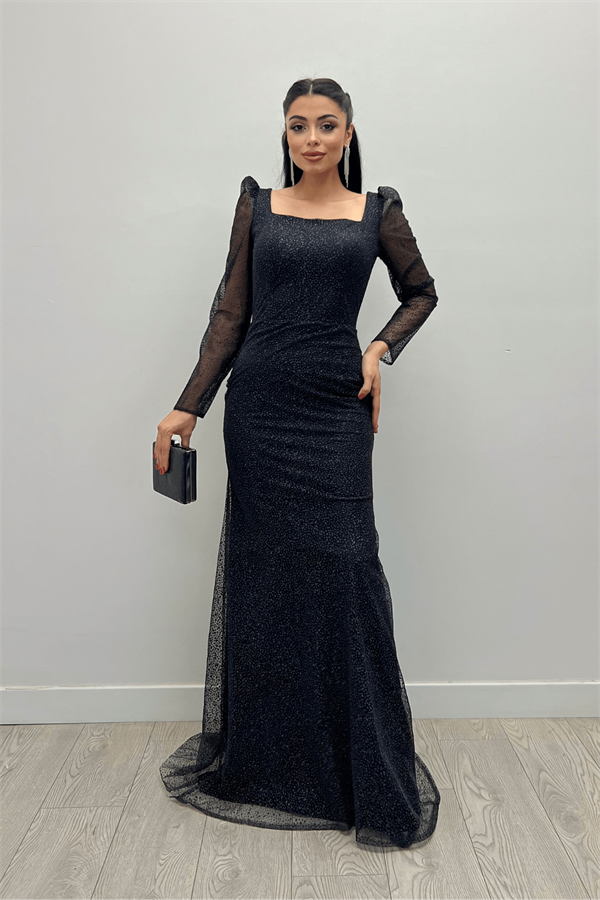 Simli Tül Kumaş Kare Yaka Balık Elbise - SİYAH