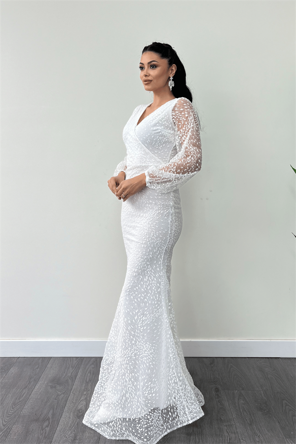 Simli Tül Kumaş Kruvaze Yaka Balık Elbise - BEYAZ