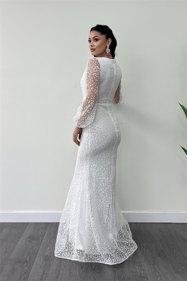 Simli Tül Kumaş Kruvaze Yaka Balık Elbise - BEYAZ