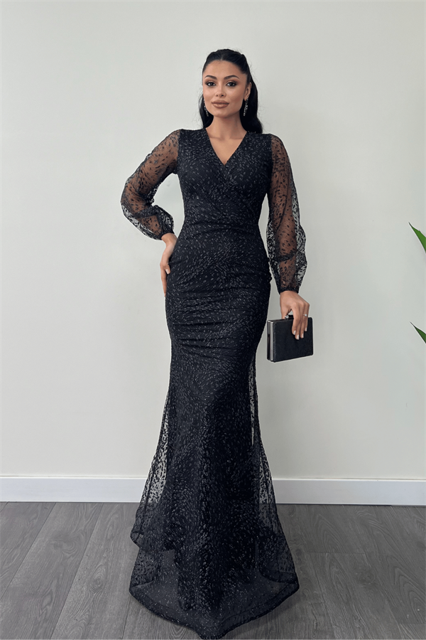 Simli Tül Kumaş Kruvaze Yaka Balık Elbise - SİYAH