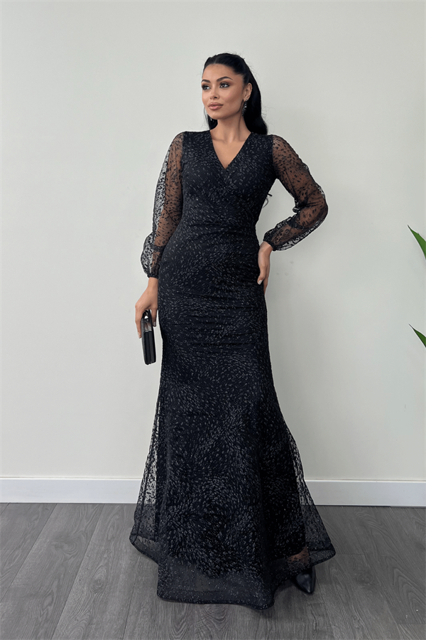 Simli Tül Kumaş Kruvaze Yaka Balık Elbise - SİYAH