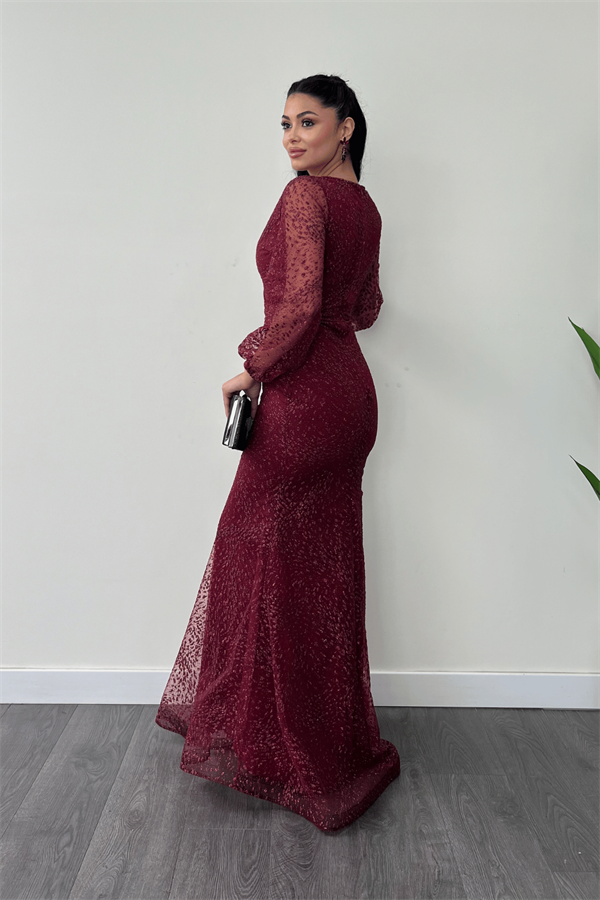 Simli Tül Kumaş Kruvaze Yaka Balık Elbise - BORDO
