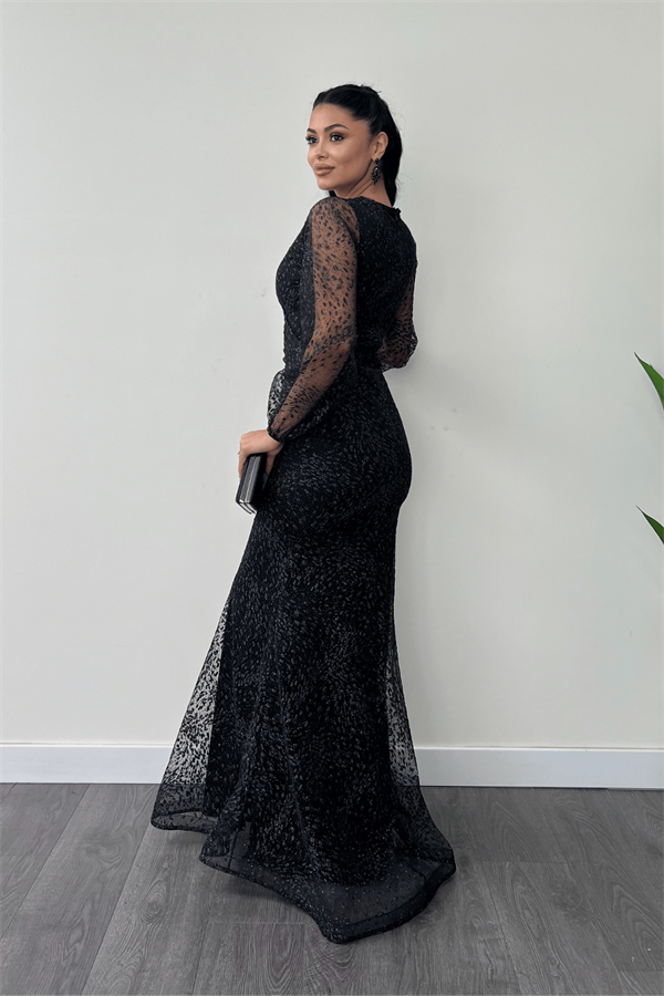 Simli Tül Kumaş Kruvaze Yaka Balık Elbise - SİYAH