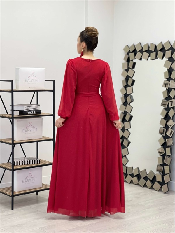 فستان بحزام كيلووش من قماش التول اللامع - أحمر