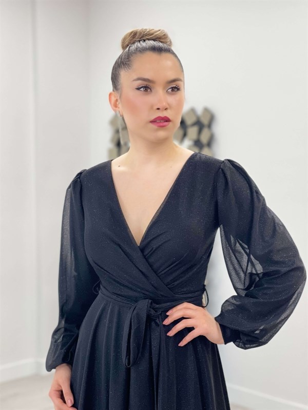 فستان بحزام كيلووش من قماش التول اللامع - الأسود