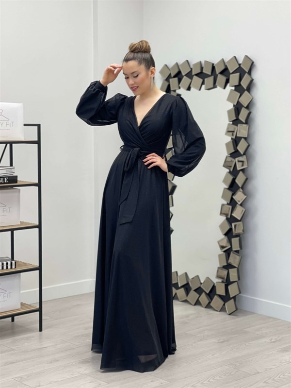 فستان بحزام كيلووش من قماش التول اللامع - الأسود