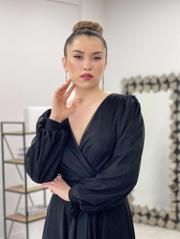 فستان بحزام كيلووش من قماش التول اللامع - الأسود