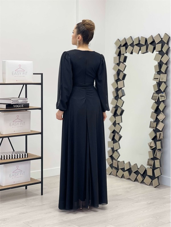 فستان بحزام كيلووش من قماش التول اللامع - الأسود