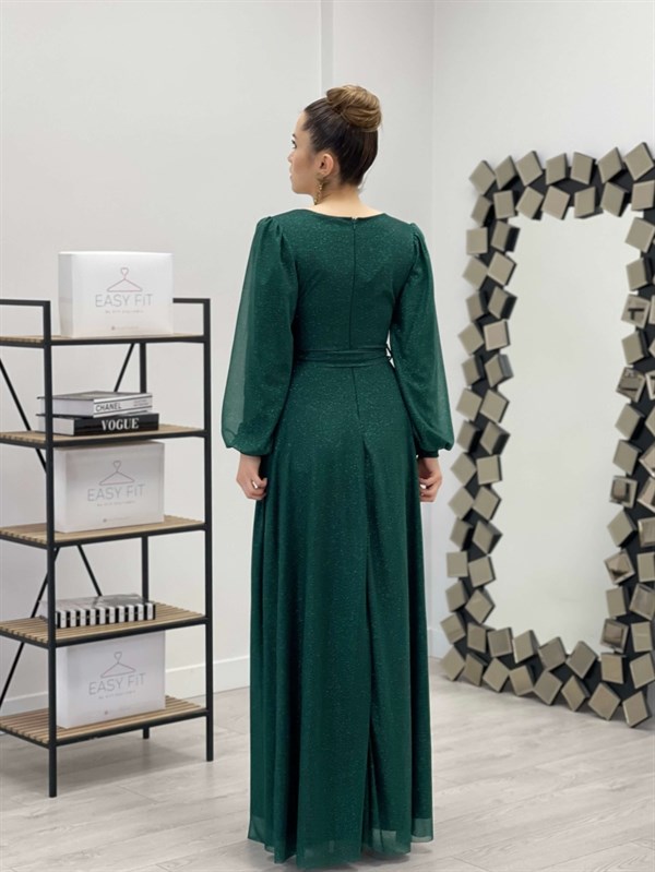 فستان بحزام كيلووش من قماش التول اللامع - الزمرد الأخضر