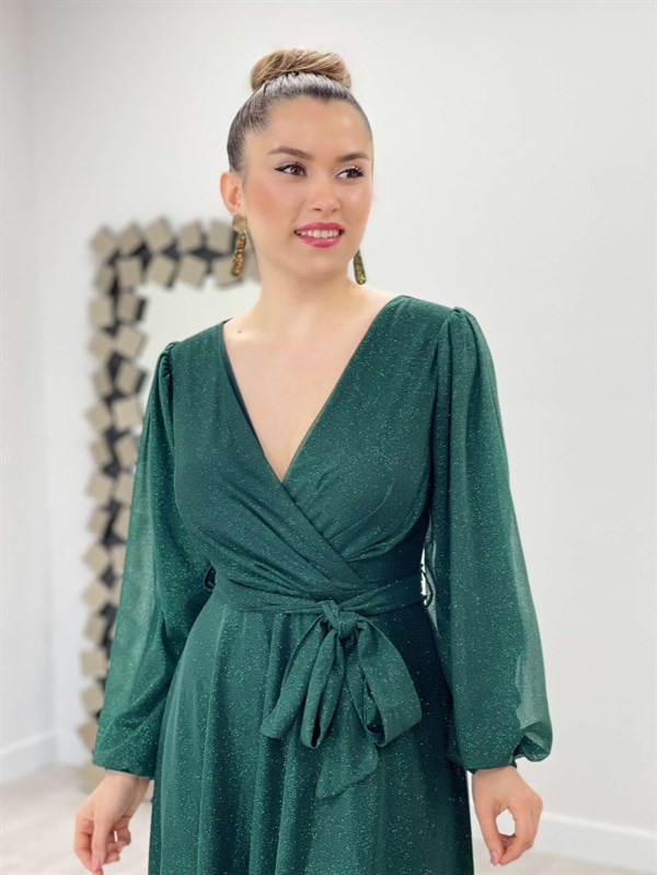 فستان بحزام كيلووش من قماش التول اللامع - الزمرد الأخضر