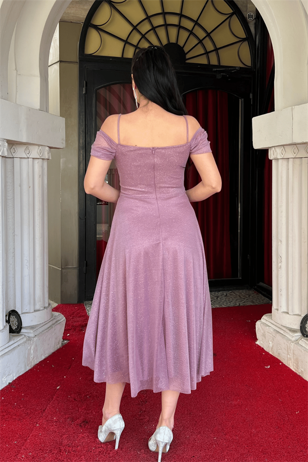 Simli Tül Kumaş Midi Boy Elbise - GÜL KURUSU