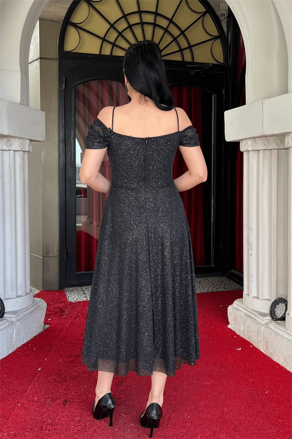 Simli Tül Kumaş Midi Boy Elbise - GÜMÜŞ