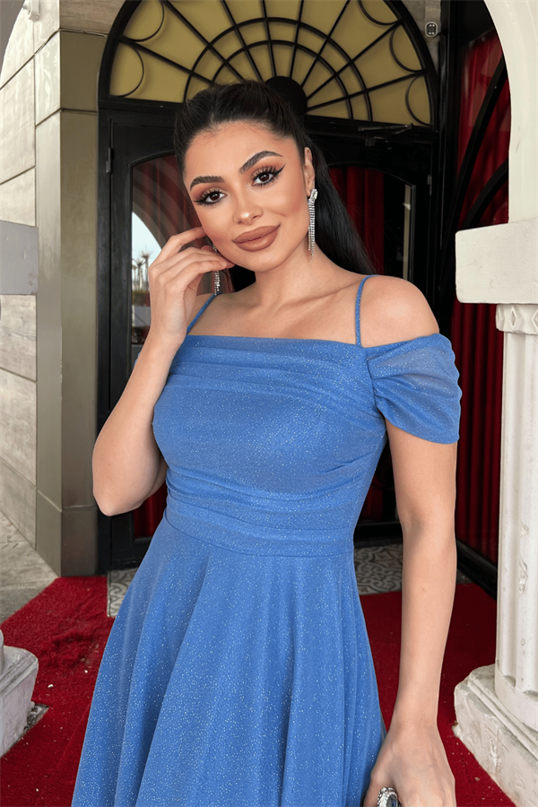 Simli Tül Kumaş Midi Boy Elbise - İNDİGO MAVİ