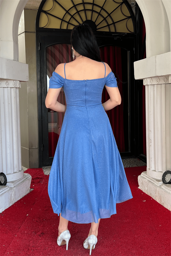 Simli Tül Kumaş Midi Boy Elbise - İNDİGO MAVİ