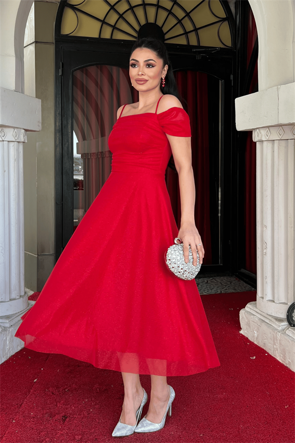 Simli Tül Kumaş Midi Boy Elbise - KIRMIZI