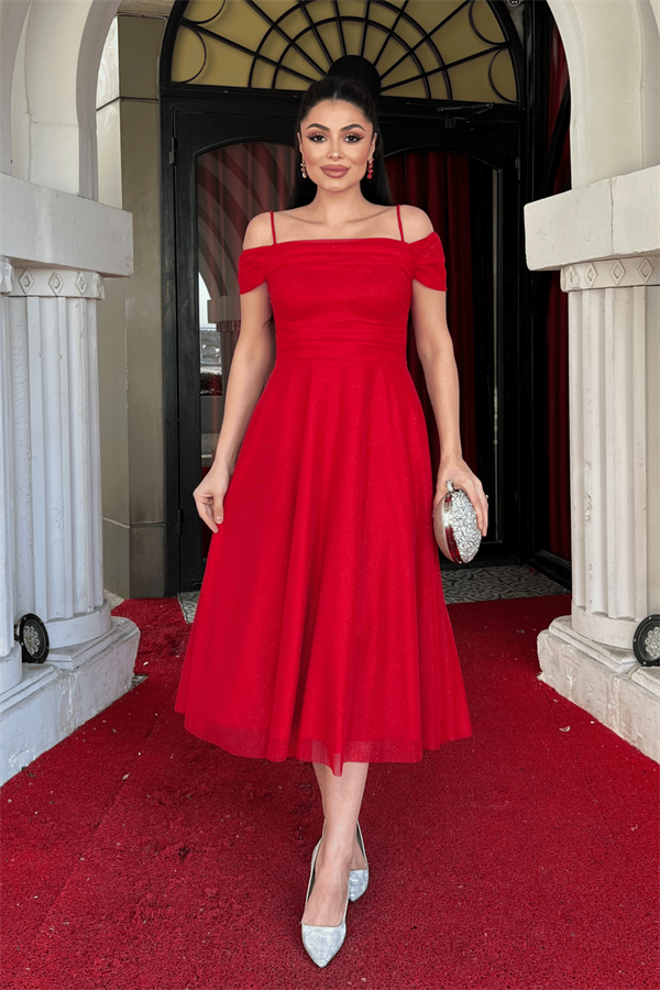 Simli Tül Kumaş Midi Boy Elbise - KIRMIZI