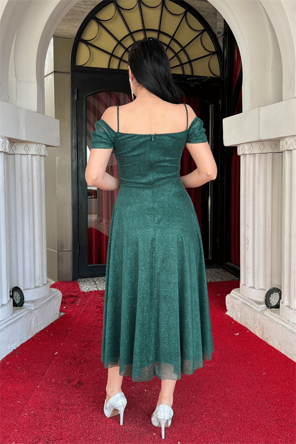 Simli Tül Kumaş Midi Boy Elbise - ZÜMRÜT YEŞİL