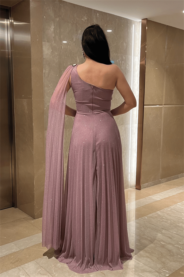 Simli Tül Kumaş Plise Detaylı Abiye Elbise - GÜL KURUSU