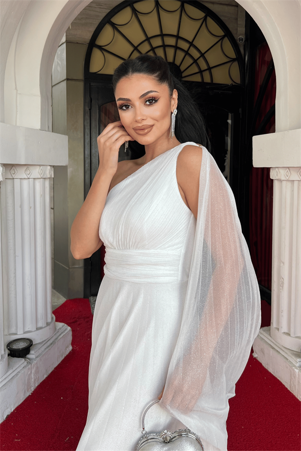 Simli Tül Kumaş Plise Detaylı Abiye Elbise - BEYAZ