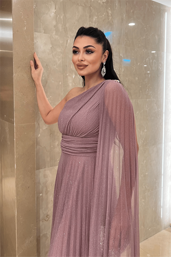 Simli Tül Kumaş Plise Detaylı Abiye Elbise - GÜL KURUSU