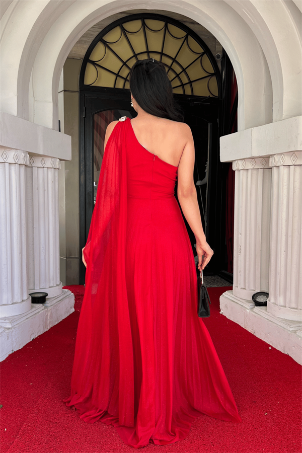 Simli Tül Kumaş Plise Detaylı Abiye Elbise - KIRMIZI