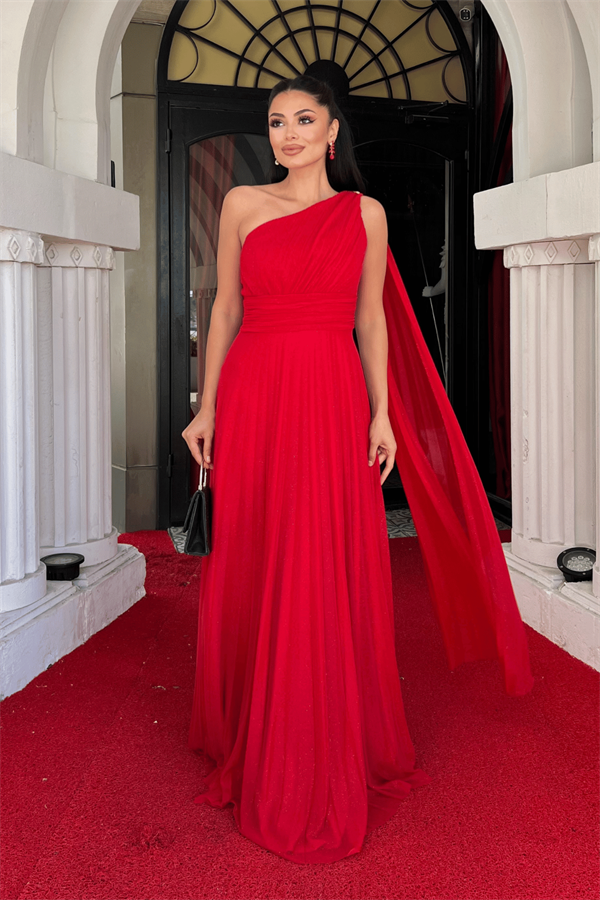 Simli Tül Kumaş Plise Detaylı Abiye Elbise - KIRMIZI