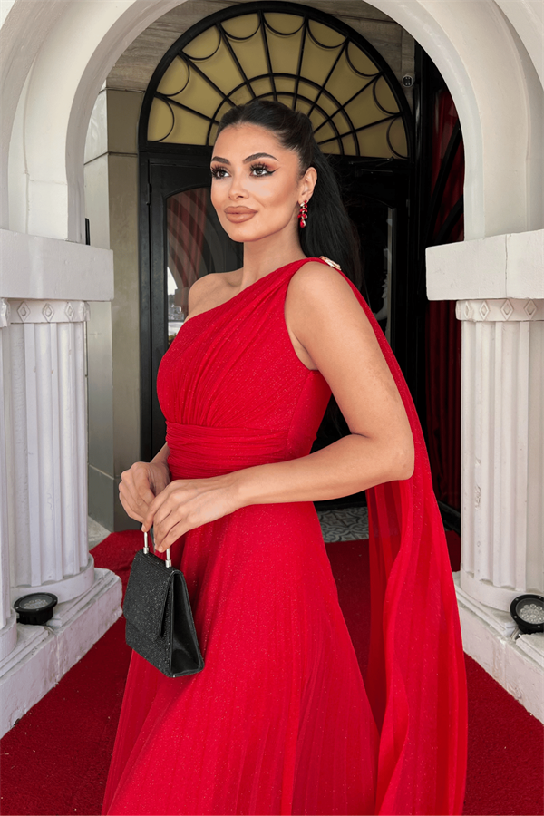 Simli Tül Kumaş Plise Detaylı Abiye Elbise - KIRMIZI