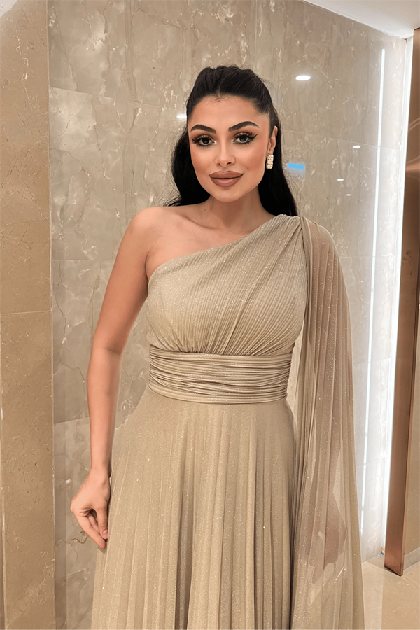 Simli Tül Kumaş Plise Detaylı Abiye Elbise - BEJ