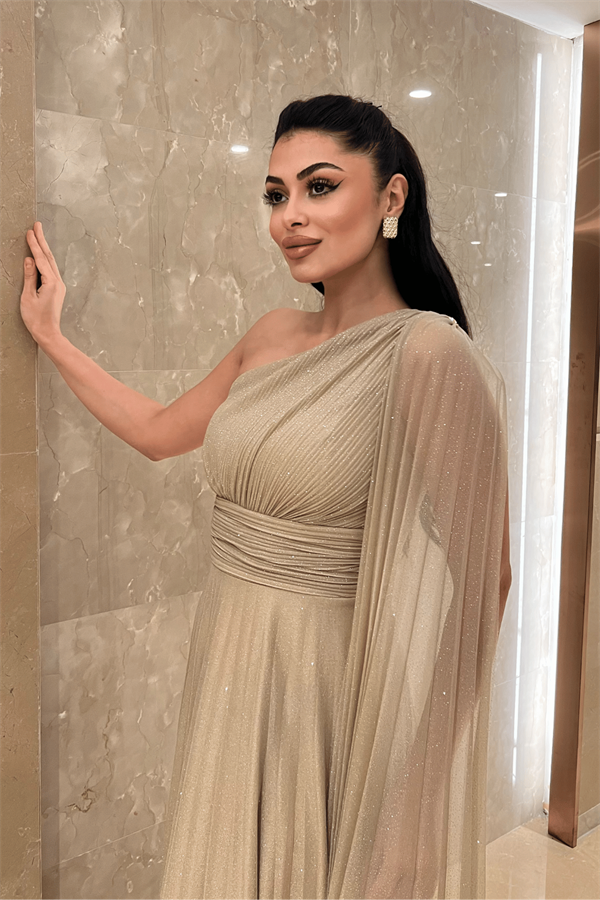 Simli Tül Kumaş Plise Detaylı Abiye Elbise - BEJ