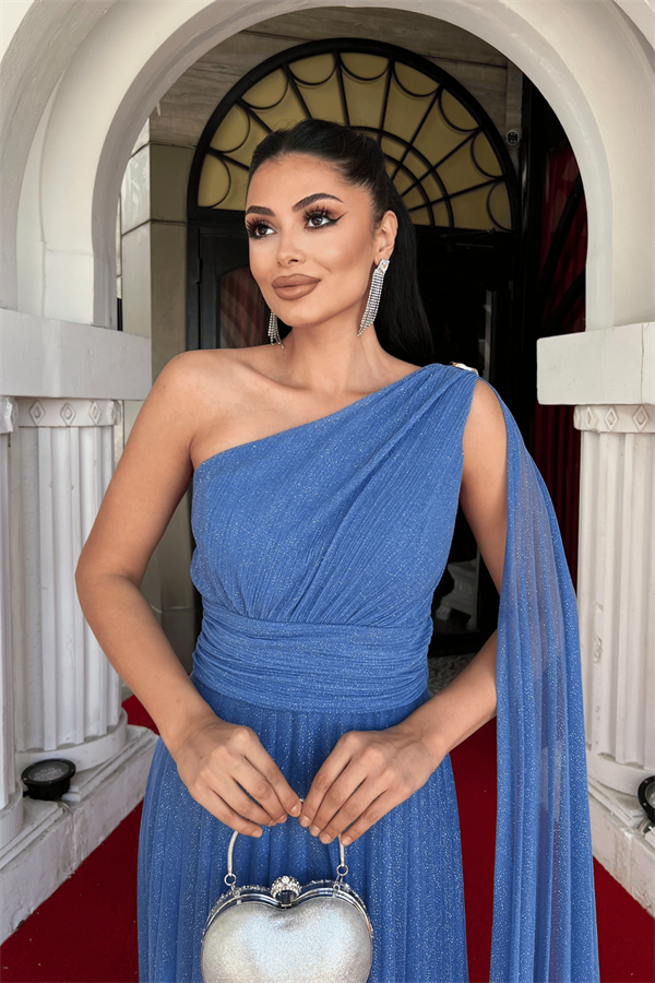 Simli Tül Kumaş Plise Detaylı Abiye Elbise - İNDİGO MAVİ