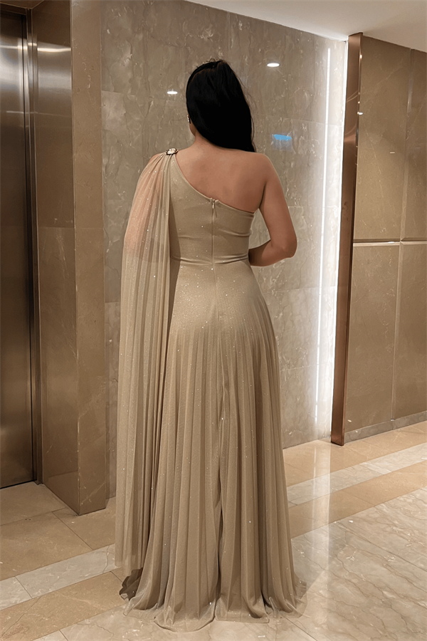 Simli Tül Kumaş Plise Detaylı Abiye Elbise - BEJ