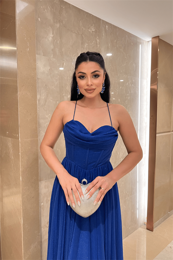 Simli Tül Kumaş Sırt İpli Abiye Elbise - SAKS MAVİ