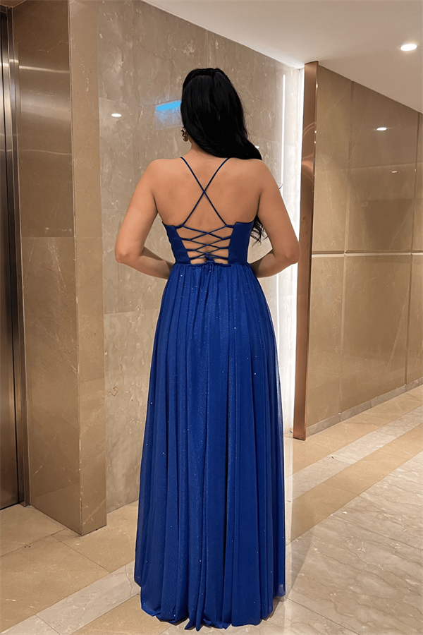 Simli Tül Kumaş Sırt İpli Abiye Elbise - SAKS MAVİ