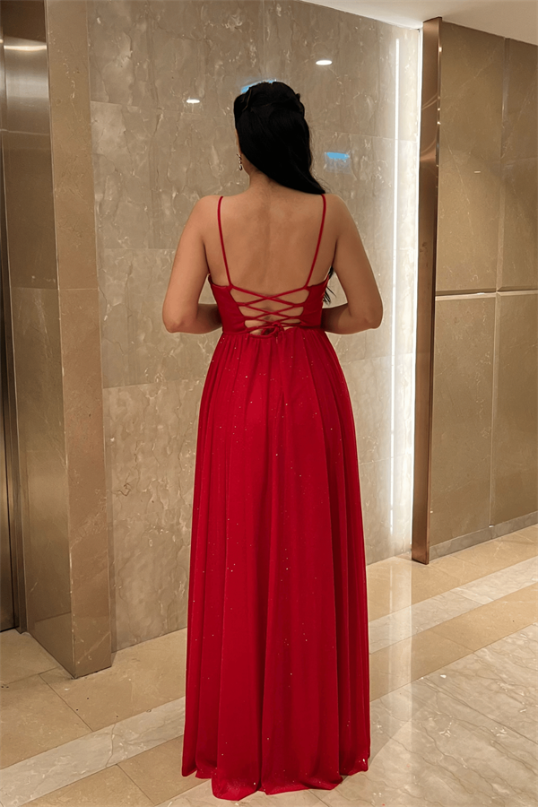 Simli Tül Kumaş Sırt İpli Abiye Elbise - KIRMIZI