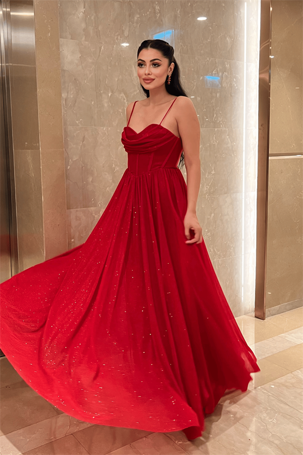 Simli Tül Kumaş Sırt İpli Abiye Elbise - KIRMIZI