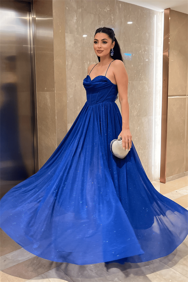 Simli Tül Kumaş Sırt İpli Abiye Elbise - SAKS MAVİ