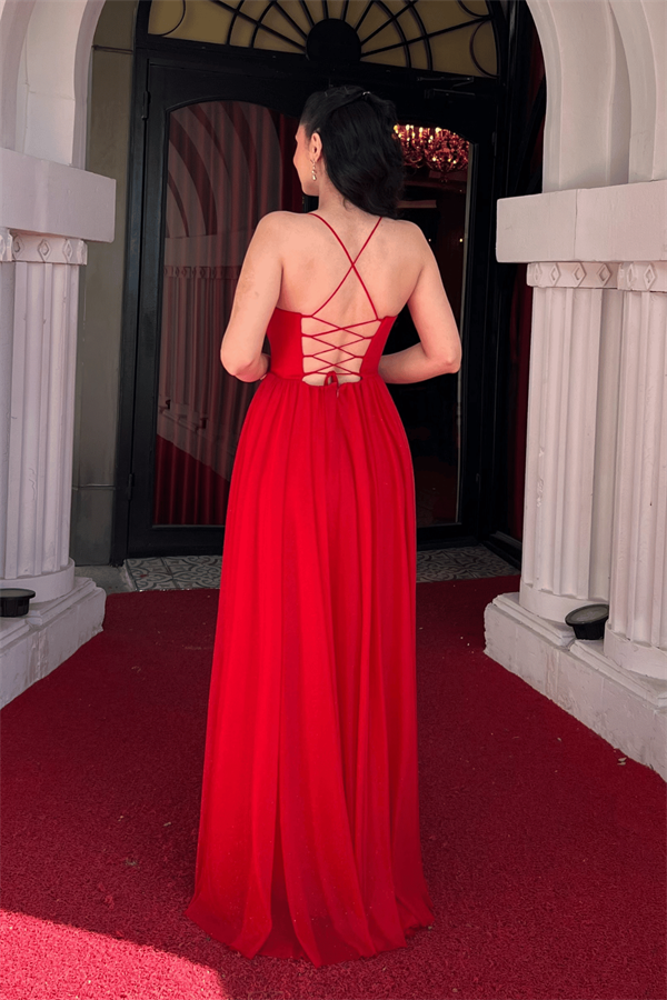 Simli Tül Kumaş Sırt İpli Abiye Elbise - KIRMIZI