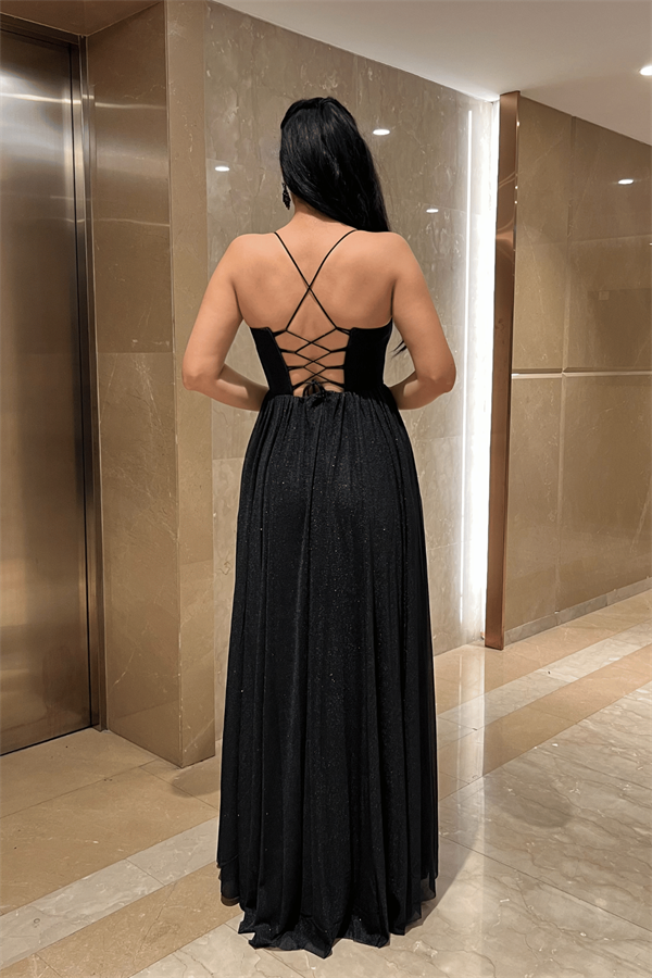 Simli Tül Kumaş Sırt İpli Abiye Elbise - SİYAH