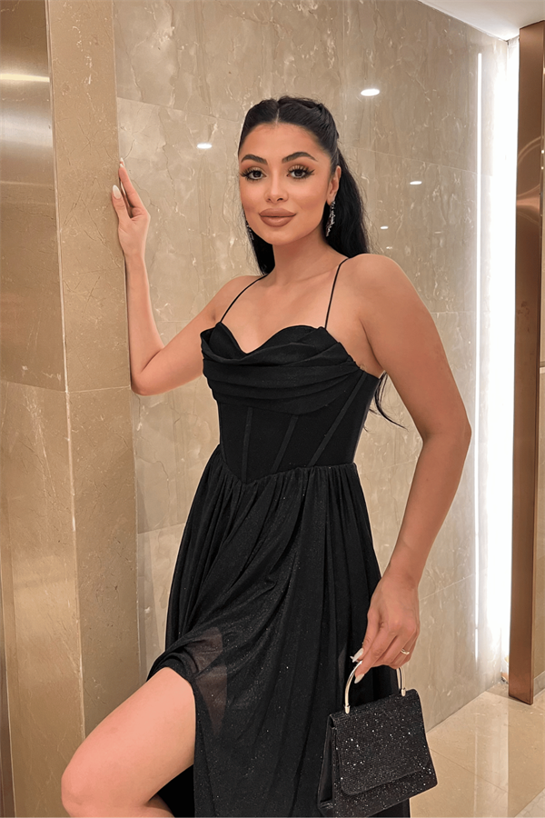 Simli Tül Kumaş Sırt İpli Abiye Elbise - SİYAH