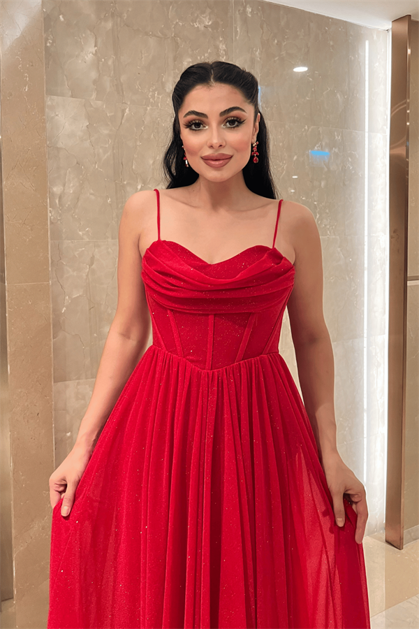 Simli Tül Kumaş Sırt İpli Abiye Elbise - KIRMIZI