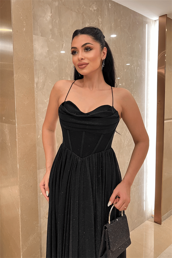 Simli Tül Kumaş Sırt İpli Abiye Elbise - SİYAH